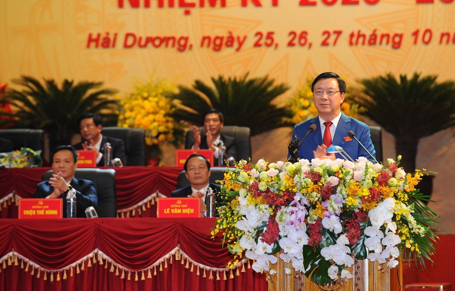 Đồng chí Bí thư Tỉnh ủy Phạm Xuân Thăng phát biểu bế mạc Đại hội Đảng bộ tỉnh Hải Dương lần thứ XVII