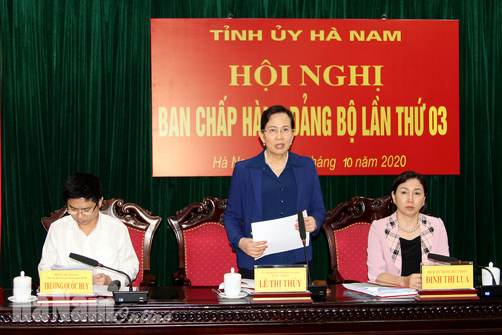 Đồng chí Lê Thị Thủy, Ủy viên Trung ương Đảng, Bí thư Tỉnh ủy phát biểu kết luận hội nghị.