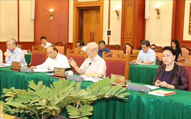 Tổng Bí thư, Chủ tịch nước Nguyễn Phú Trọng, Bí thư Quân ủy Trung ương phát biểu kết luận buổi làm việc với Ban Thường vụ Quân ủy Trung ương (Ảnh: TTXVN)