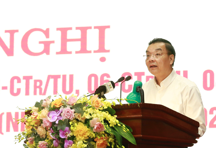 Phó Bí thư Thành ủy, Chủ tịch UBND TP Hà Nội Chu Ngọc Anh phát biểu kết luận hội nghị . (Ảnh:TA)