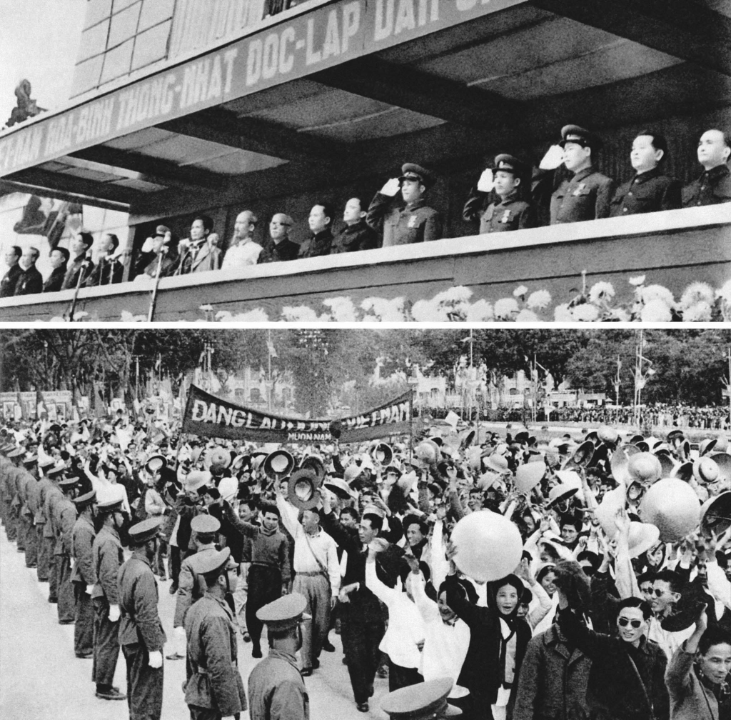 Nhân dân Hà Nội phấn khởi chào mừng Trung ương Đảng, Chính phủ và Chủ tịch Hồ Chí Minh trở về Thủ đô sau 9 năm kháng chiến trường kỳ gian khổ (1/1/1955)