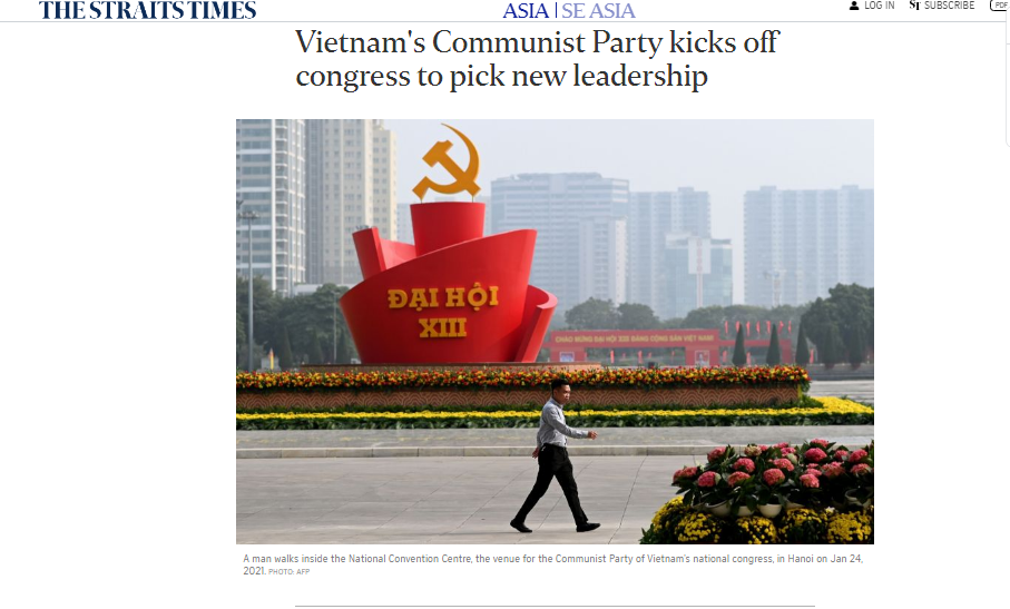 Nhật báo The Straits Times, ngày 25/1 có bài viết đưa tin về chương trình nghị sự Đại hội XIII của Đảng. (Ảnh chụp màn hình)