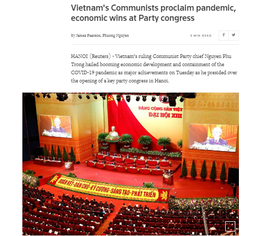 Hãng tin Reuters đưa tin về phiên khai mạc Đại hội Đảng toàn quốc lần thứ XIII, sáng 26/1. (Ảnh chụp màn hình)