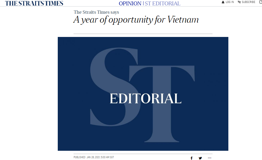 Bài xã luận trên tờ The Straitstimes khẳng định 2021 là năm cơ hội của Việt Nam. (Ảnh chụp màn hình)