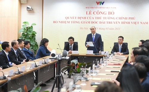 Thủ tướng Nguyên Xuân Phúc phát biểu với lãnh đạo chủ chốt Đài truyền hình Việt Nam.