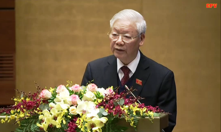 Tổng Bí thư, Chủ tịch nước Nguyễn Phú Trọng đã trình bày Báo cáo tóm tắt Tổng kết công tác nhiệm kỳ 2016 – 2021. Ảnh: Bích Liên
