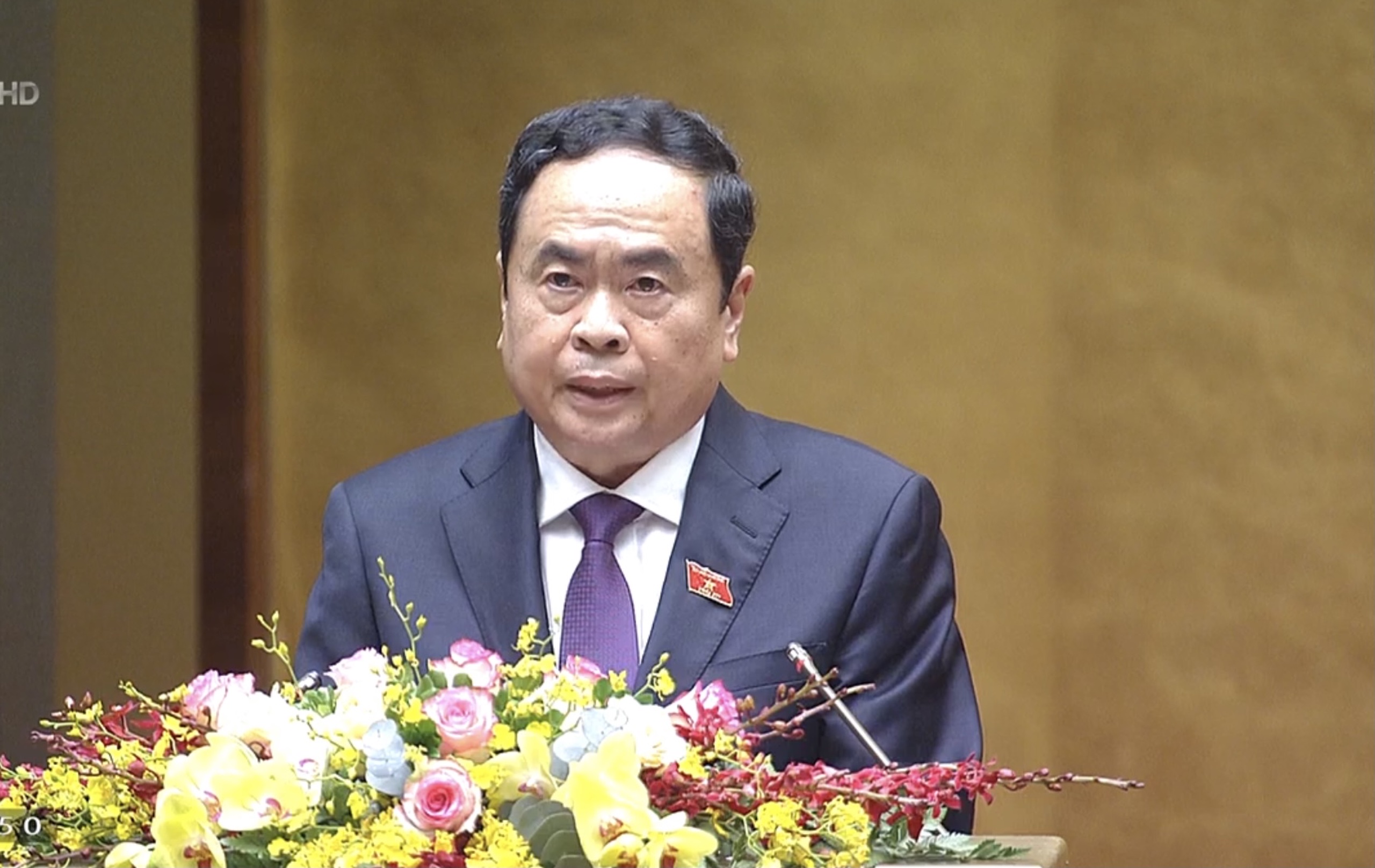 Chủ tịch Ủy ban Trung ương MTTQ Việt Nam Trần Thanh Mẫn trình bày báo cáo tổng hợp ý kiến, kiến nghị của cử tri và Nhân dân. Ảnh: TH.