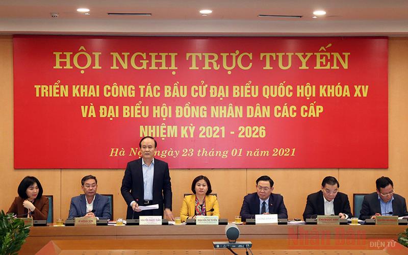 Quang cảnh hội nghị trực tuyến triển khai công tác bầu cử đại biểu Quốc hội khóa XV và đại biểu HĐND các cấp nhiệm kỳ 2021-2026. Ảnh: Duy Linh
