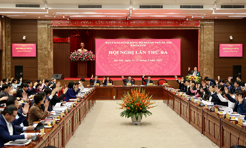 Hội nghị lần thứ 3 Ban Chấp hành Đảng bộ Thành phố Hà Nội lần thứ XVII đã thông qua 10 chương trình công tác toàn khóa 2020-2025. (Ảnh: TA)